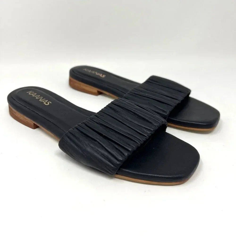 Kaanas Pekan Ruched Black Leather Slides Slip‎ On Sandals Shoes Women’s Size 6